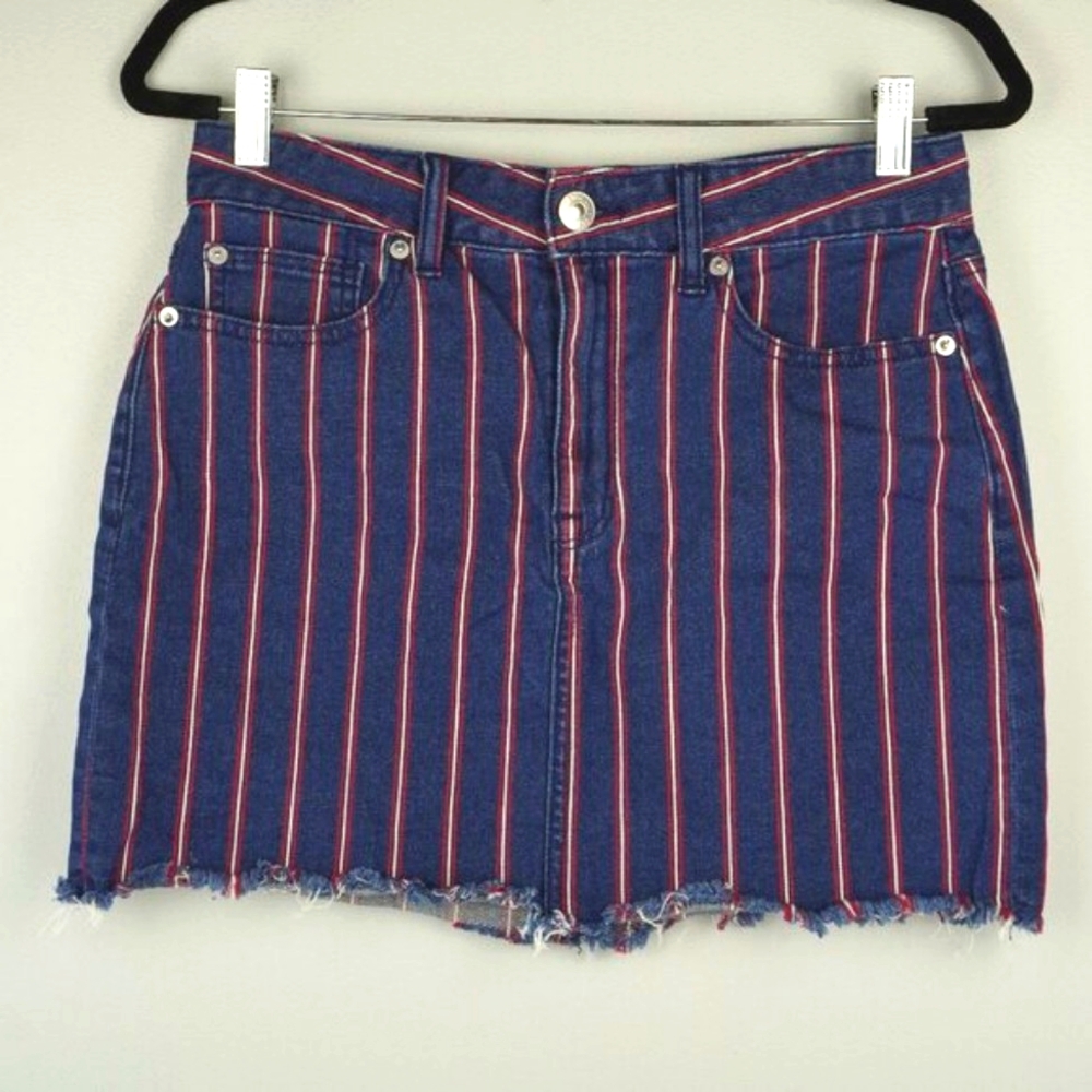American Eagle Hi Rise Denim Red & White Striped Mini Skirt Size 8